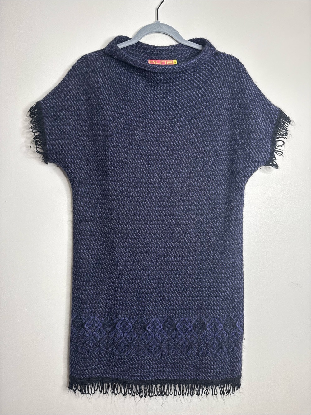KUNA 100% Baby Alpaca Boho Lagenlook Knit Mini Dress Roll Neck Med Black Purple